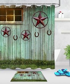 Rusty Iron Texas Stars Horseshoe Wood Cottage Shower Curtain Bathroom Decor