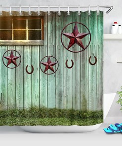 Rusty Iron Texas Stars Horseshoe Wood Cottage Shower Curtain Bathroom Decor
