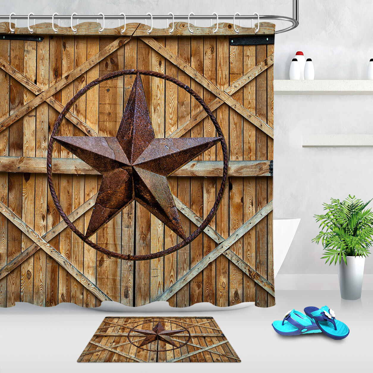 Rusty Texas Star Rustic Barn Door Fabric Shower Curtain Bathroom Accessory