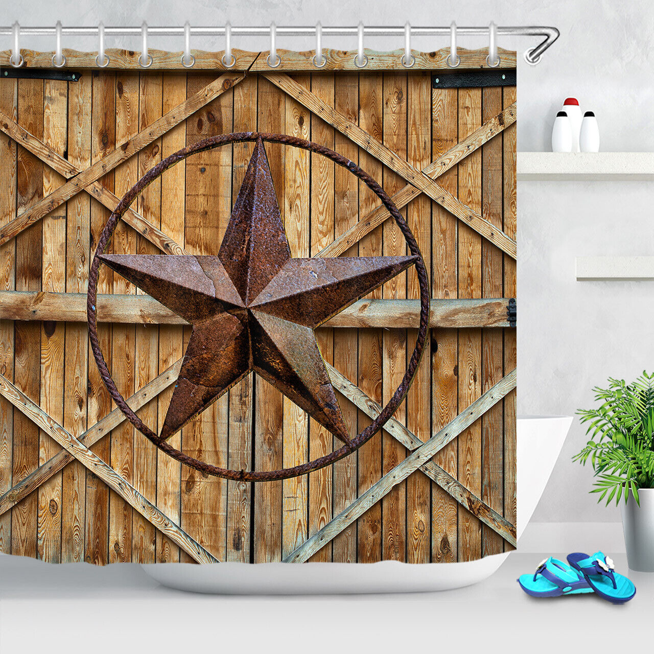 Rusty Texas Star Rustic Barn Door Fabric Shower Curtain Bathroom Accessory