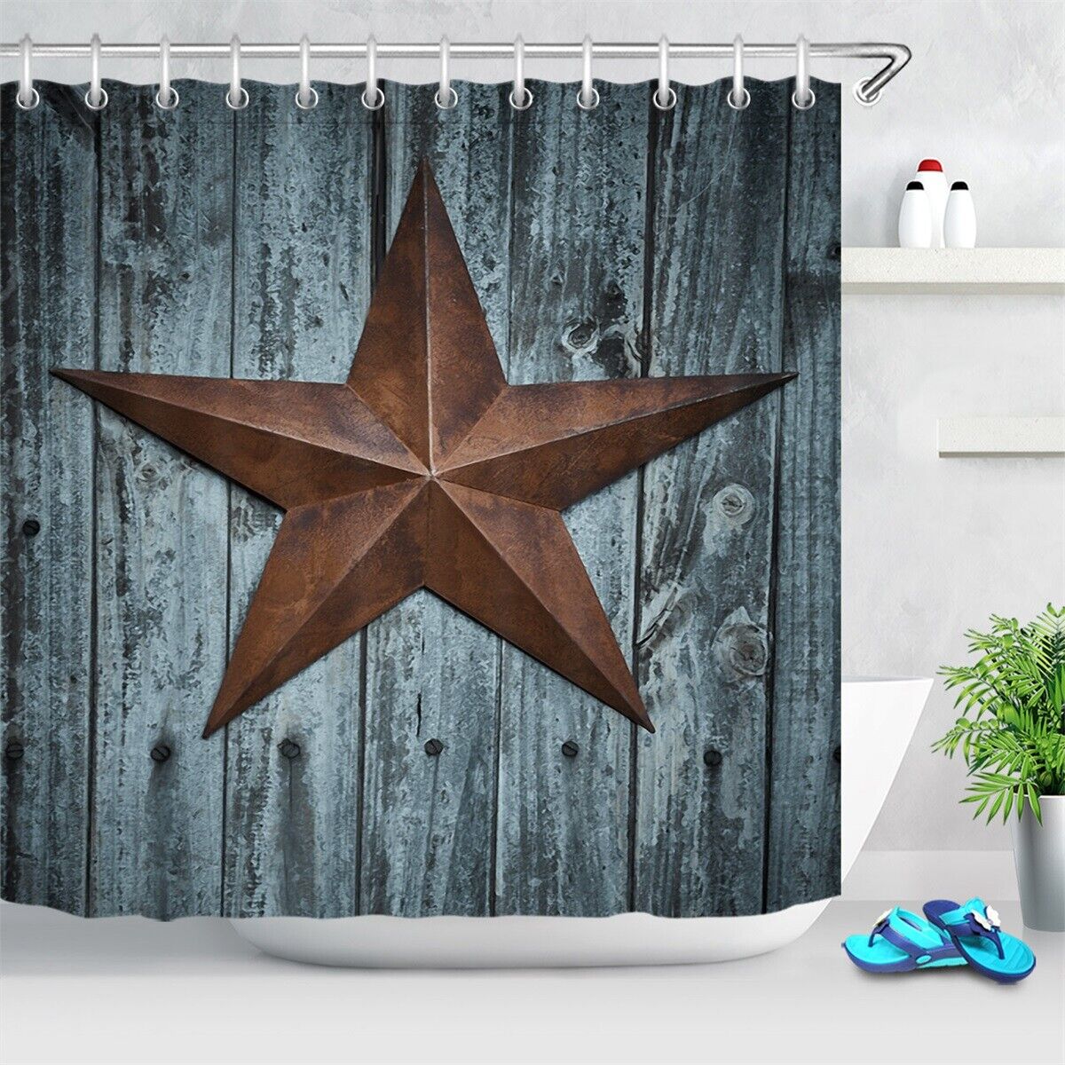 Rusty Texas Star Shabby Blue Wood Planks Shower Curtain for Bathroom