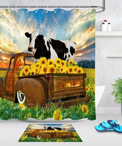 Rusty Truck Cow Sunflowers Sunset Scenery Fabric Shower Curtain for Bathroom Decor