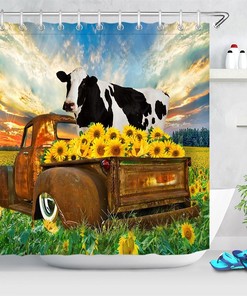Rusty Truck Cow Sunflowers Sunset Scenery Fabric Shower Curtain for Bathroom Decor