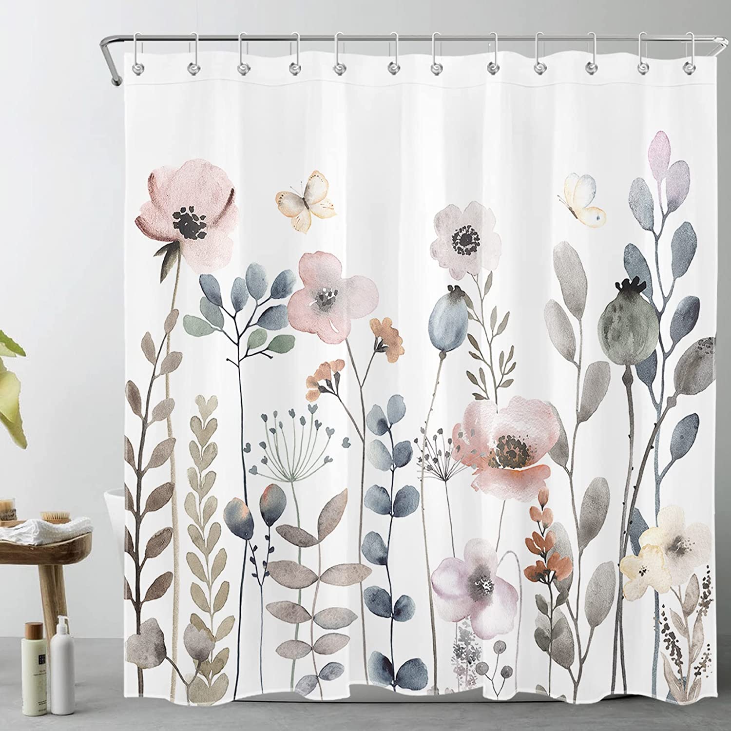 SCECALA Boho Flower White Grey Green Floral Shower Curtain- Add Some Bohemian Vibes to Your Bathroom