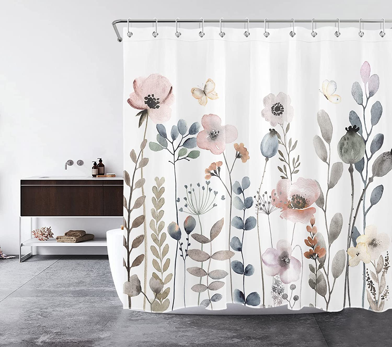 SCECALA Boho Flower White Grey Green Floral Shower Curtain- Add Some Bohemian Vibes to Your Bathroom