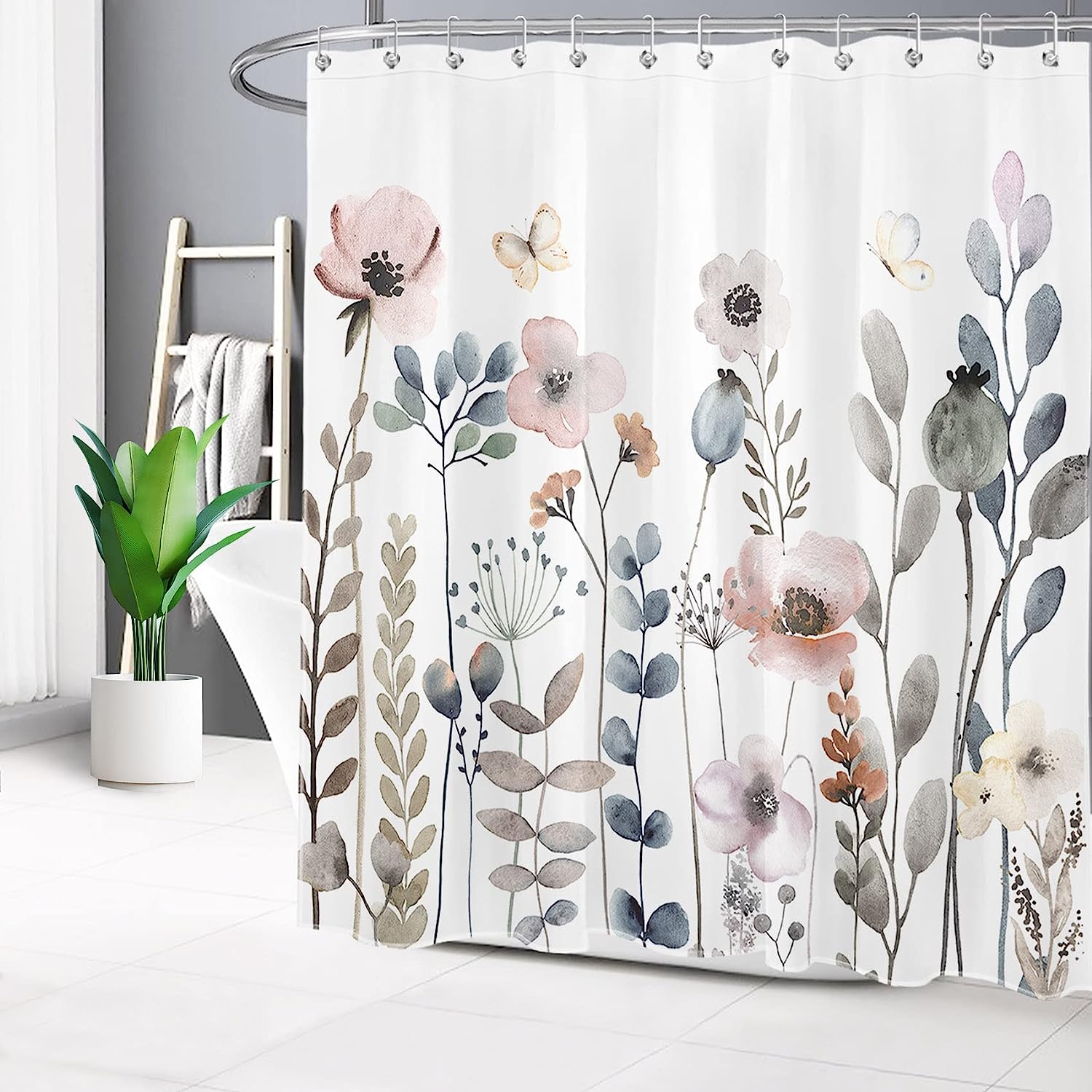 SCECALA Boho Flower White Grey Green Floral Shower Curtain- Add Some Bohemian Vibes to Your Bathroom