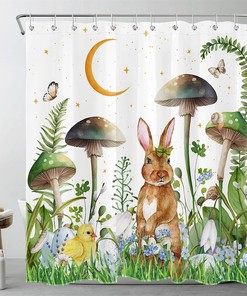 SCECALA Easter Rabbit Mushroom Bathroom Curtain Waterproof Fabric- Celebrate Easter with This Cute Shower Curtain