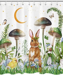 SCECALA Easter Rabbit Mushroom Bathroom Curtain Waterproof Fabric- Celebrate Easter with This Cute Shower Curtain