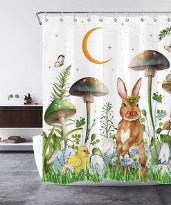 SCECALA Easter Rabbit Mushroom Bathroom Curtain Waterproof Fabric- Celebrate Easter with This Cute Shower Curtain