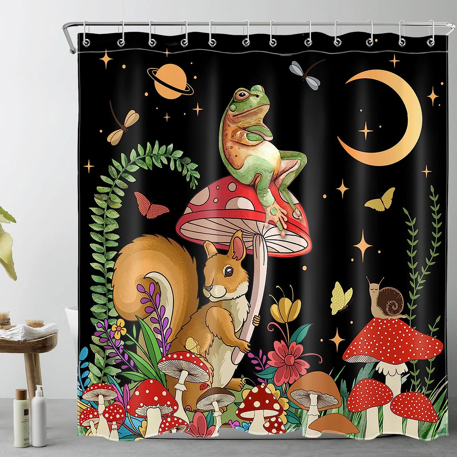 SCECALA Mushroom Shower Curtain- Funny Black Animal Bathroom Curtain Durable Bath Accessories