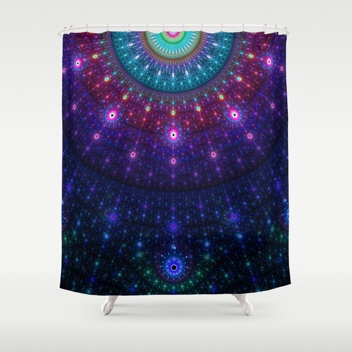 Sacred Geometry Bath Mandalas Shower Curtain with Purple Fractal Mandala Print