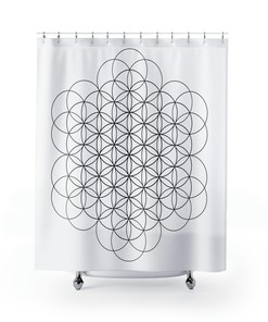 Sacred Geometry-Themed Black Flower Of Life Shower Curtain With Circular Geometric Pattern