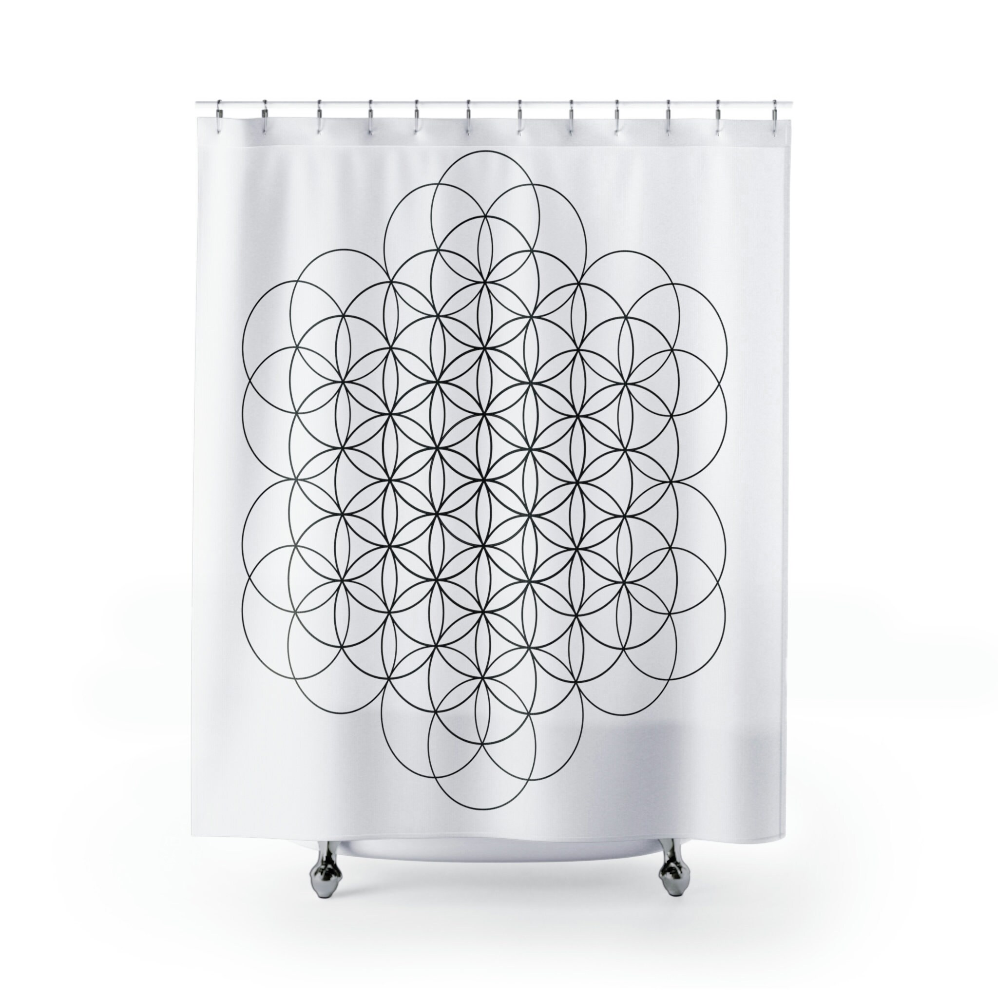 Sacred Geometry-Themed Black Flower Of Life Shower Curtain With Circular Geometric Pattern
