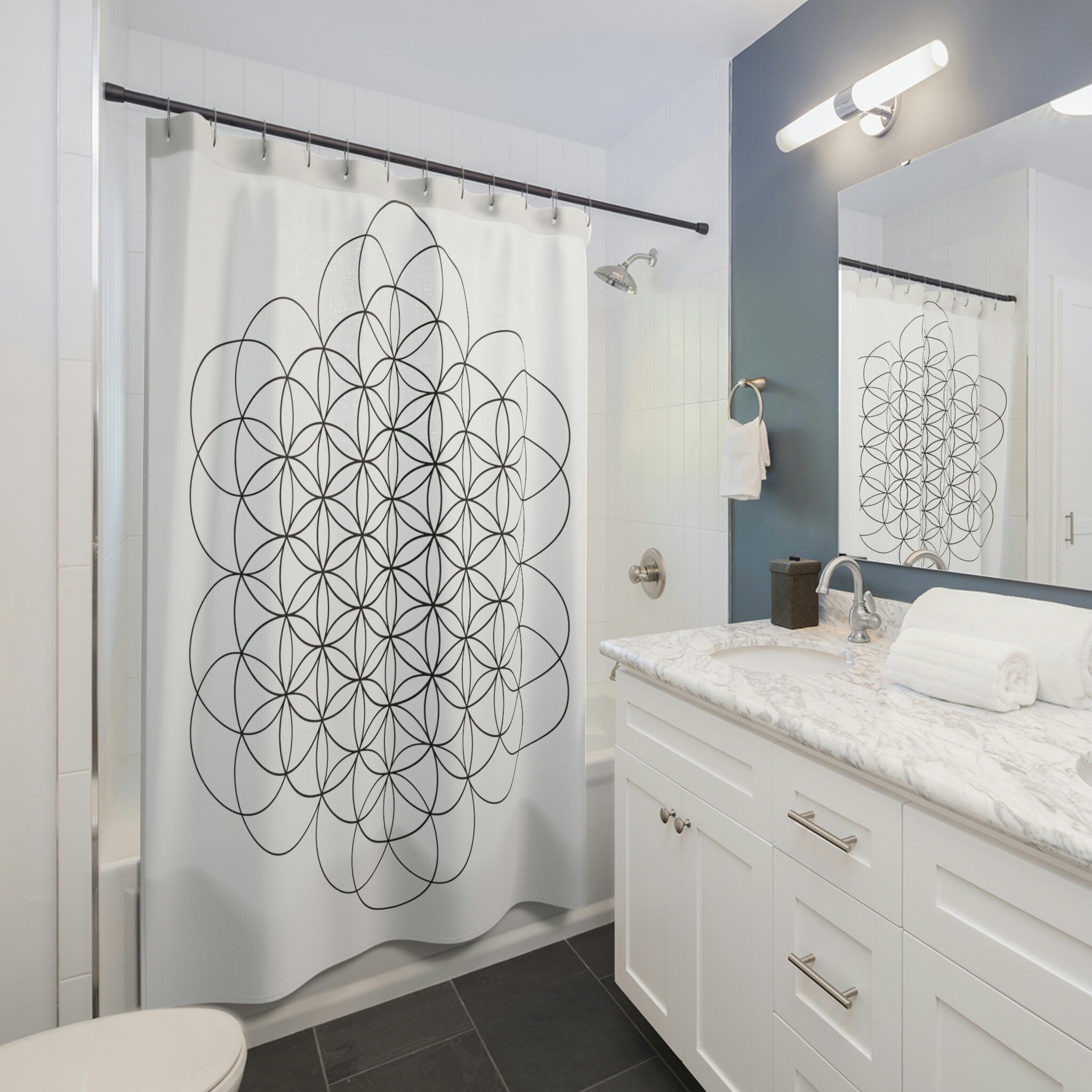 Sacred Geometry-Themed Black Flower Of Life Shower Curtain With Circular Geometric Pattern - Image 2