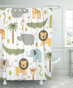 Safari Animal Shower Curtain With Cute Hippo, Crocodile, Lion, Elephant, And Giraffe, Childish Bathroom Decor