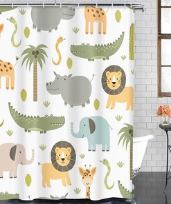 Safari Animal Shower Curtain With Cute Hippo, Crocodile, Lion, Elephant, And Giraffe, Childish Bathroom Decor