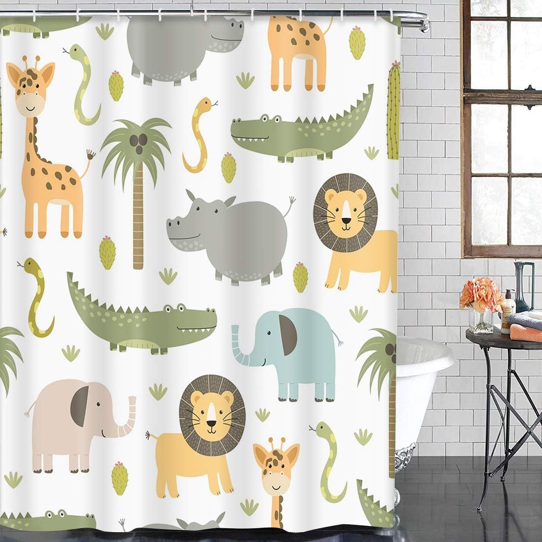 Safari Animal Shower Curtain With Cute Hippo, Crocodile, Lion, Elephant, And Giraffe, Childish Bathroom Decor