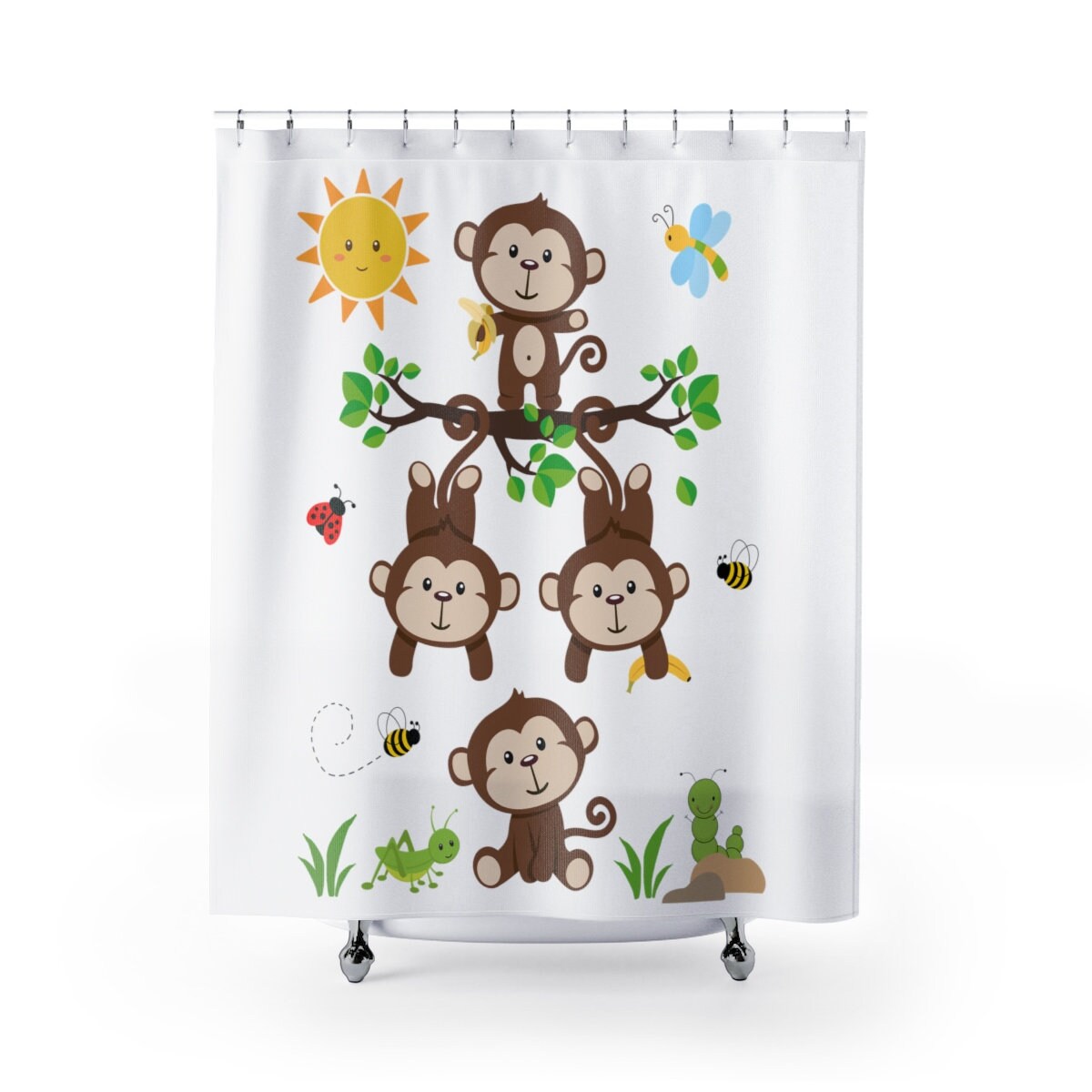 Safari Animals Monkey Shower Curtain for Kids Jungle Bathroom Decor