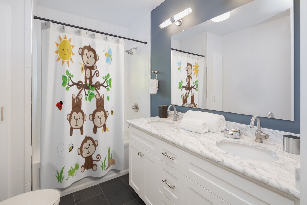 Safari Animals Monkey Shower Curtain for Kids Jungle Bathroom Decor