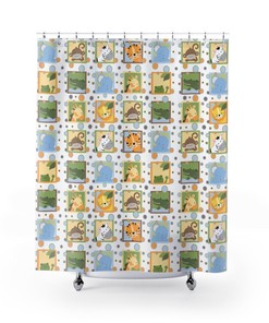 Safari Jungle Animals Neutral Shower Curtain with Elephant Zebra Giraffe Monkey Tiger Frog Alligator Designs for Kids