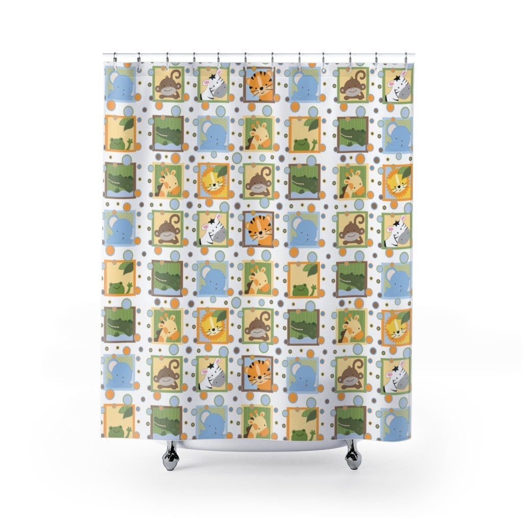 Safari Jungle Animals Neutral Shower Curtain with Elephant Zebra Giraffe Monkey Tiger Frog Alligator Designs for Kids