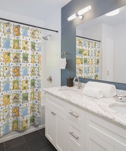 Safari Jungle Animals Neutral Shower Curtain with Elephant Zebra Giraffe Monkey Tiger Frog Alligator Designs for Kids