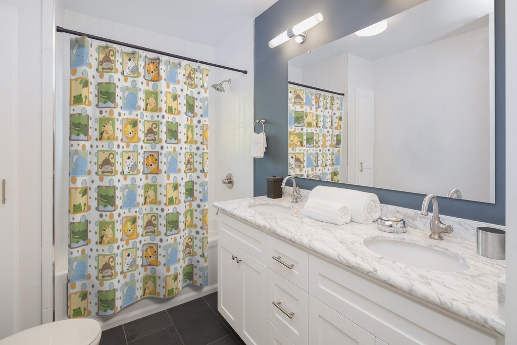 Safari Jungle Animals Neutral Shower Curtain with Elephant Zebra Giraffe Monkey Tiger Frog Alligator Designs for Kids