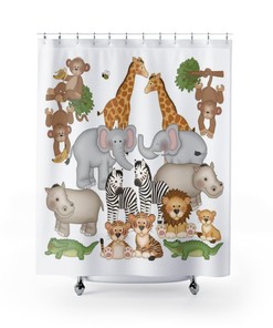 Safari Jungle Animals Shower Curtain with Monkey Giraffe Elephant Zebra Hippo Alligator Tiger Designs for Kids