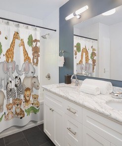 Safari Jungle Animals Shower Curtain with Monkey Giraffe Elephant Zebra Hippo Alligator Tiger Designs for Kids