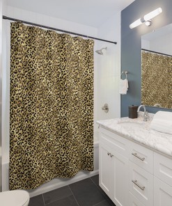 Safari Theme Wild Cheetah Bathroom Shower Curtain With Gold Leopard Print, Waterproof Fabric For Home Decor Gift