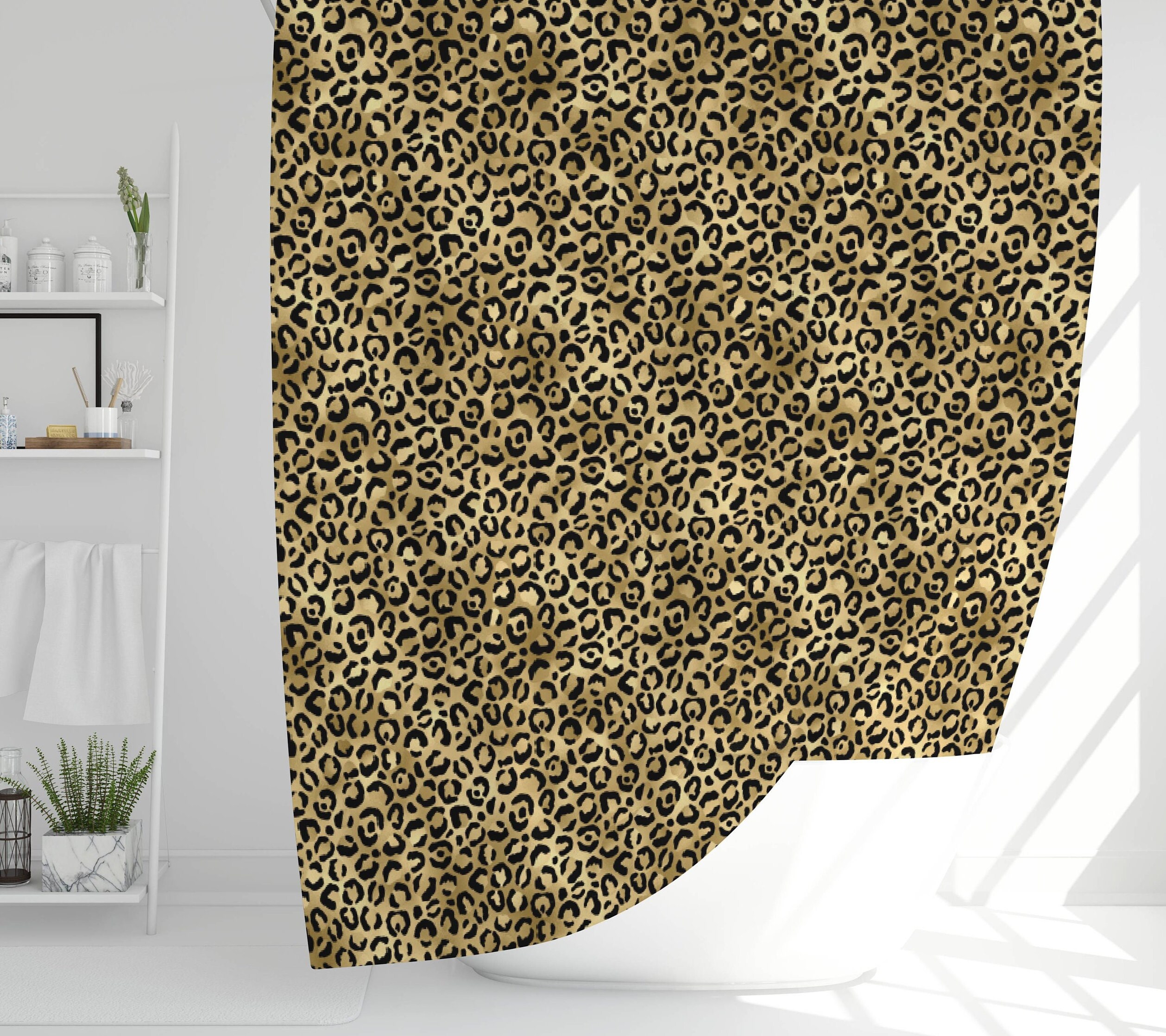 Safari Theme Wild Cheetah Bathroom Shower Curtain With Gold Leopard Print, Waterproof Fabric For Home Decor Gift
