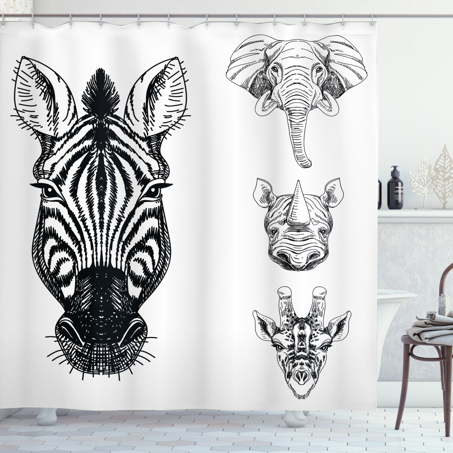 Safari Wildlife Sketch Print Animal Shower Curtain For Bathroom Decor