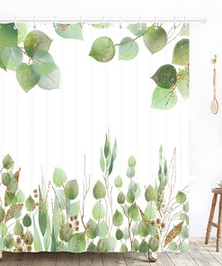 Sage And White Green Leaves Print Shower Curtain For A Spring Eucalyptus Inspired Bathroom