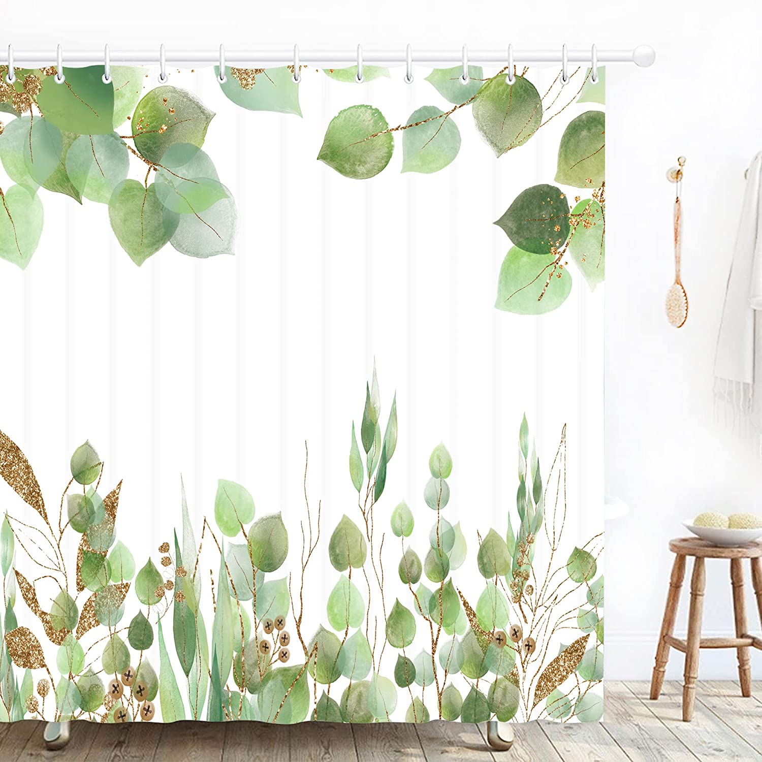 Sage And White Green Leaves Print Shower Curtain For A Spring Eucalyptus Inspired Bathroom
