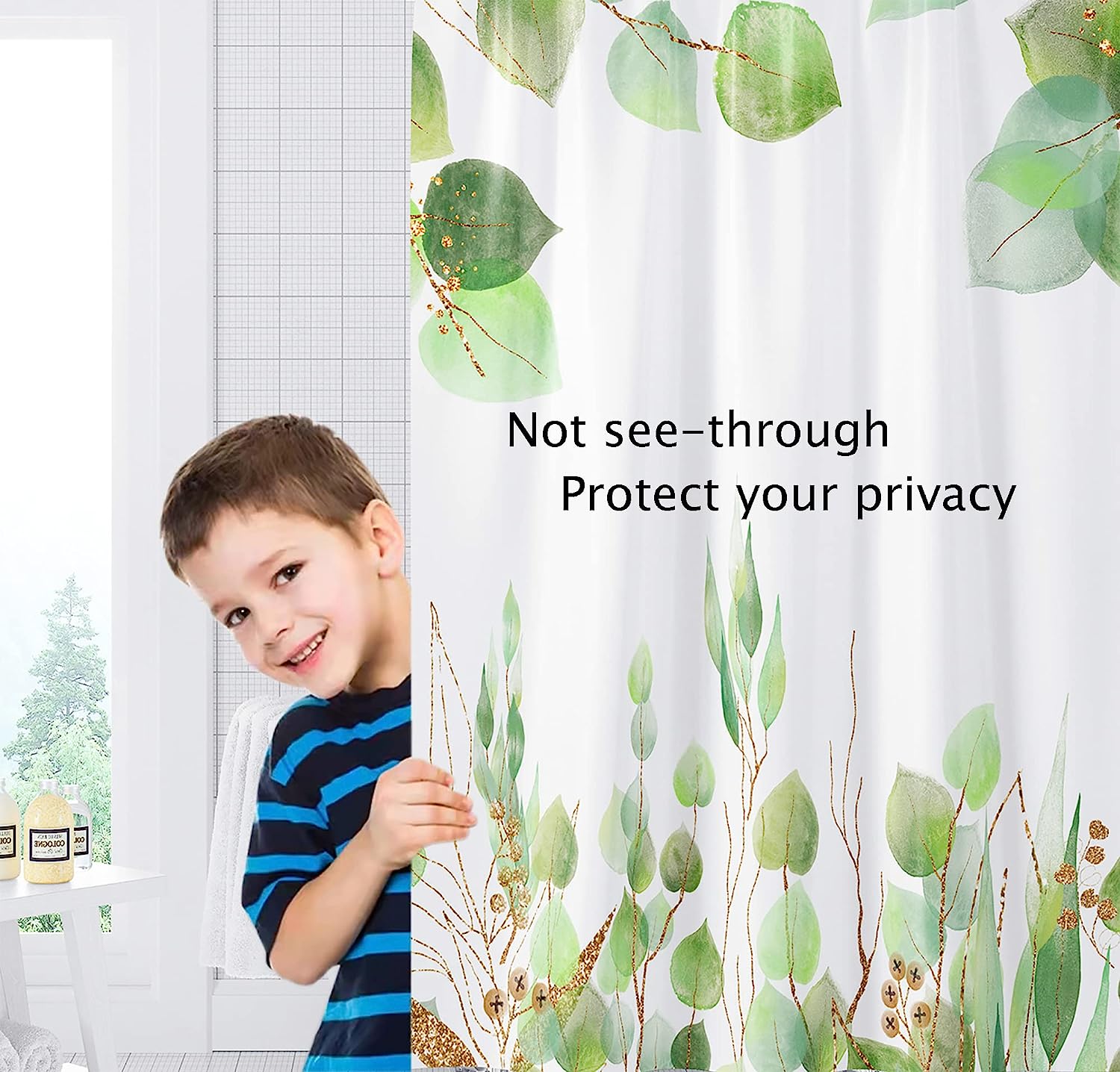 Sage And White Green Leaves Print Shower Curtain For A Spring Eucalyptus Inspired Bathroom