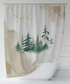 Sage Green And Beige Abstract Mountain Boho Shower Curtain, Woodlands Design For Your Modern Minimalist Decor