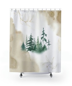 Sage Green And Beige Abstract Mountain Boho Shower Curtain, Woodlands Design For Your Modern Minimalist Decor