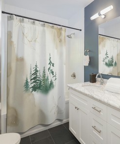 Sage Green And Beige Abstract Mountain Boho Shower Curtain, Woodlands Design For Your Modern Minimalist Decor