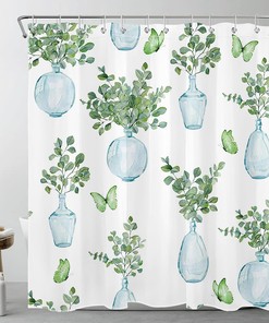 Sage Green And Butterfly Leaf Shower Curtain For Bathroom With Nature Plant Design,