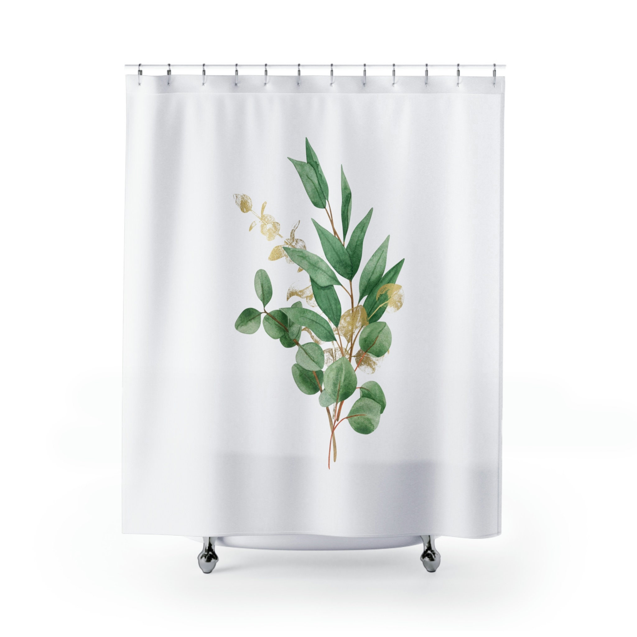 Sage Green And White Eucalyptus Boho Shower Curtain For Minimalist Bathroom Decor