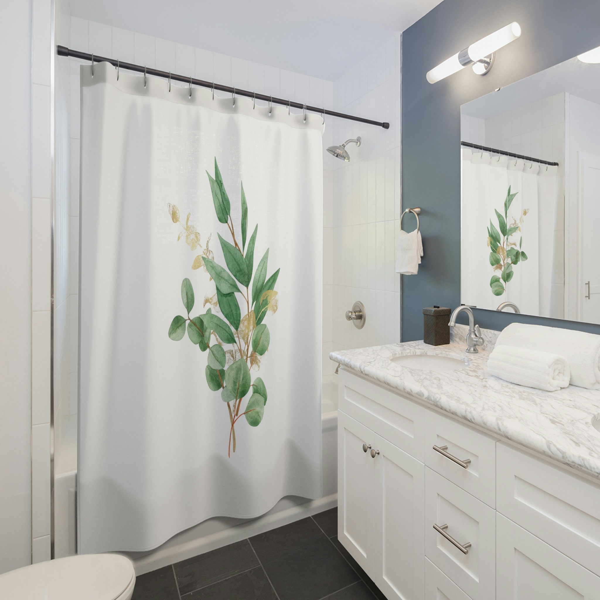 Sage Green And White Eucalyptus Boho Shower Curtain For Minimalist Bathroom Decor