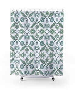 Sage Green Blue and White Arabesque Pattern Shower Curtain for Bohemian Bathroom Decor 