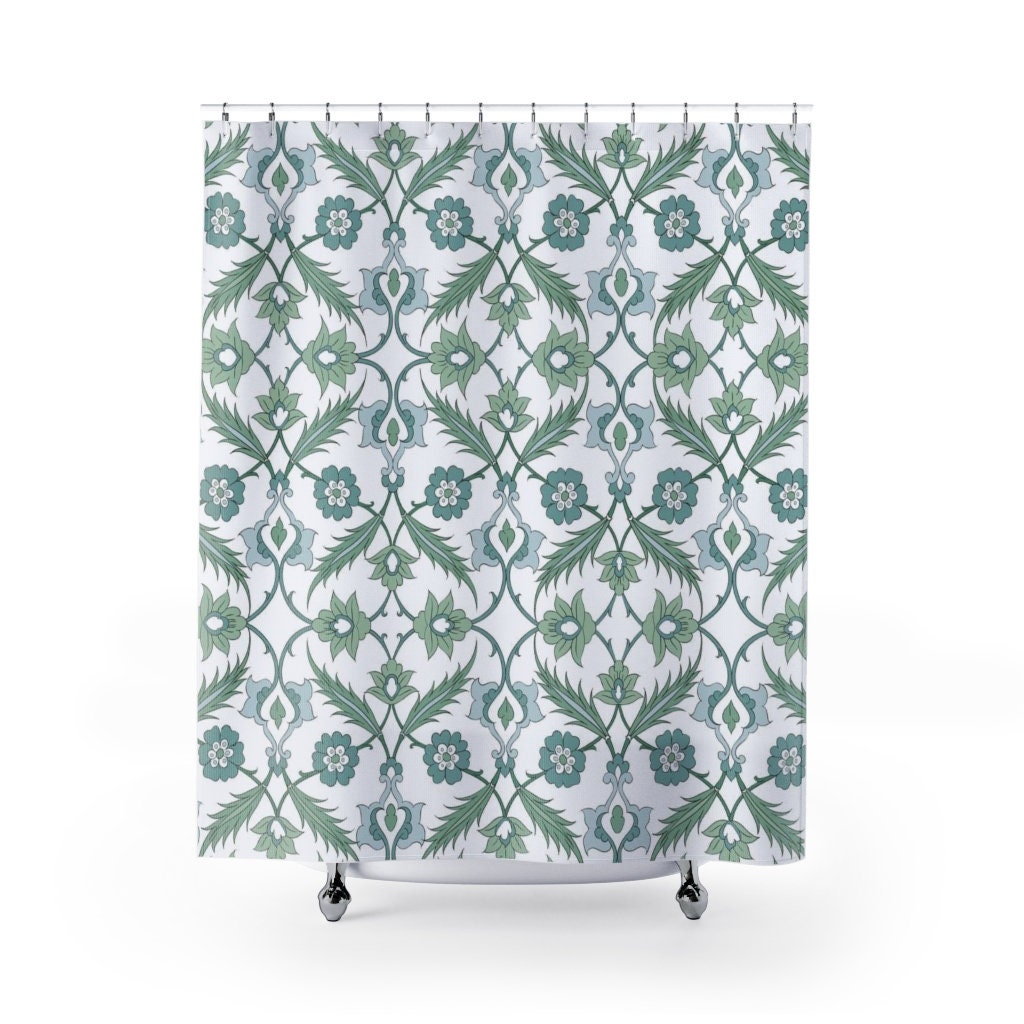 Sage Green Blue and White Arabesque Pattern Shower Curtain for Bohemian Bathroom Decor