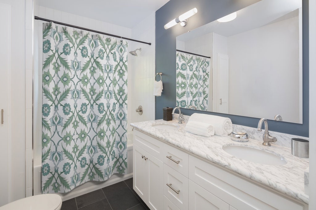 Sage Green Blue and White Arabesque Pattern Shower Curtain for Bohemian Bathroom Decor