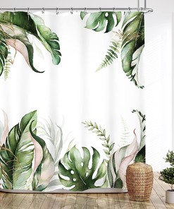 Sage Green Boho Tropical Leaf Shower Curtain With Jungle Palm Leaves Natural Botanical Summer Bath Accessories