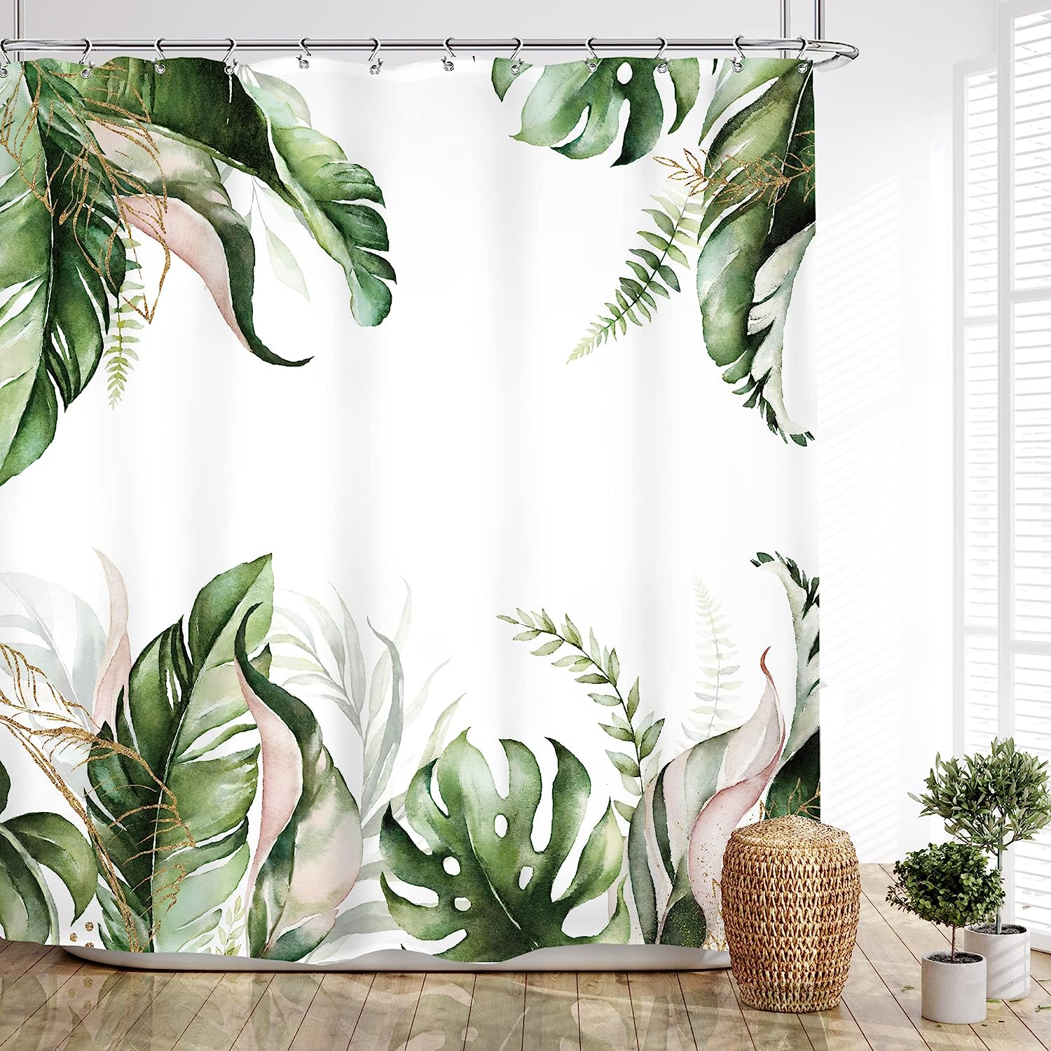 Sage Green Boho Tropical Leaf Shower Curtain With Jungle Palm Leaves Natural Botanical Summer Bath Accessories