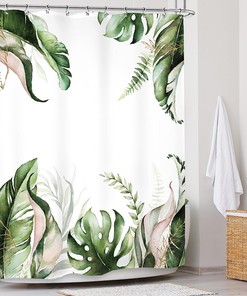 Sage Green Boho Tropical Leaf Shower Curtain With Jungle Palm Leaves Natural Botanical Summer Bath Accessories