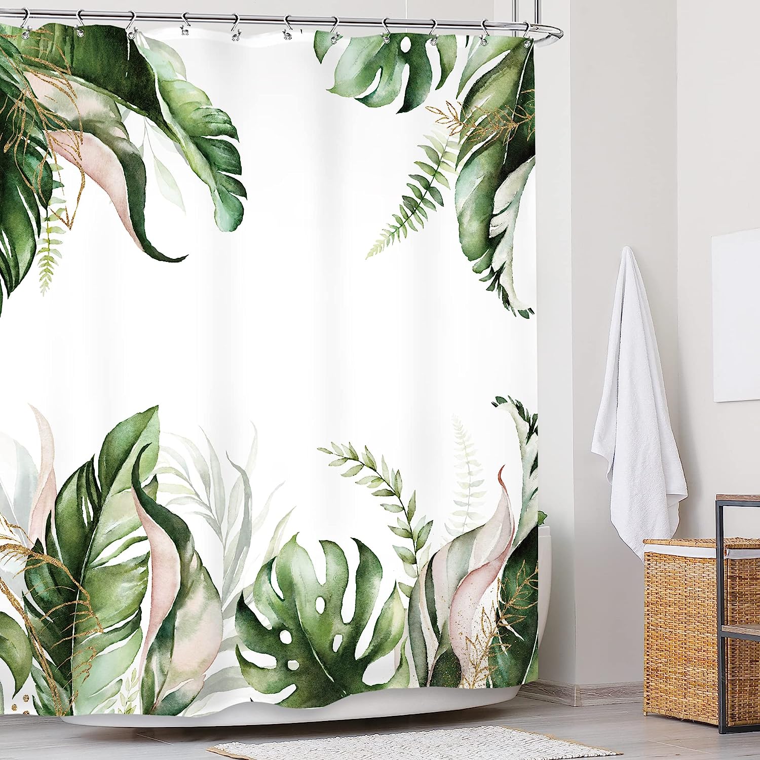 Sage Green Boho Tropical Leaf Shower Curtain With Jungle Palm Leaves Natural Botanical Summer Bath Accessories