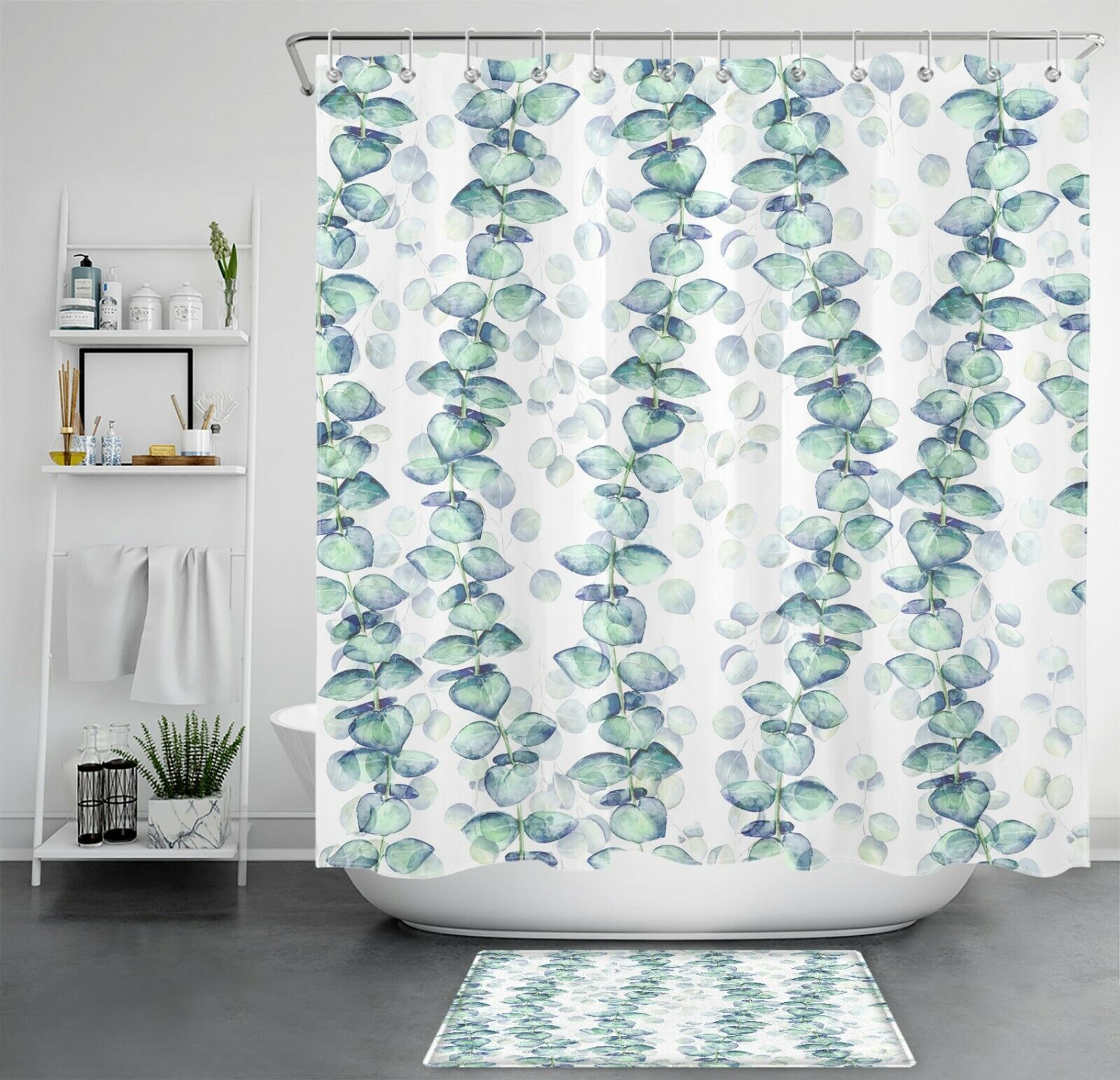 Sage Green Botanical Themed Eucalyptus Leaf Shower Curtain For Fresh Bathroom Decor