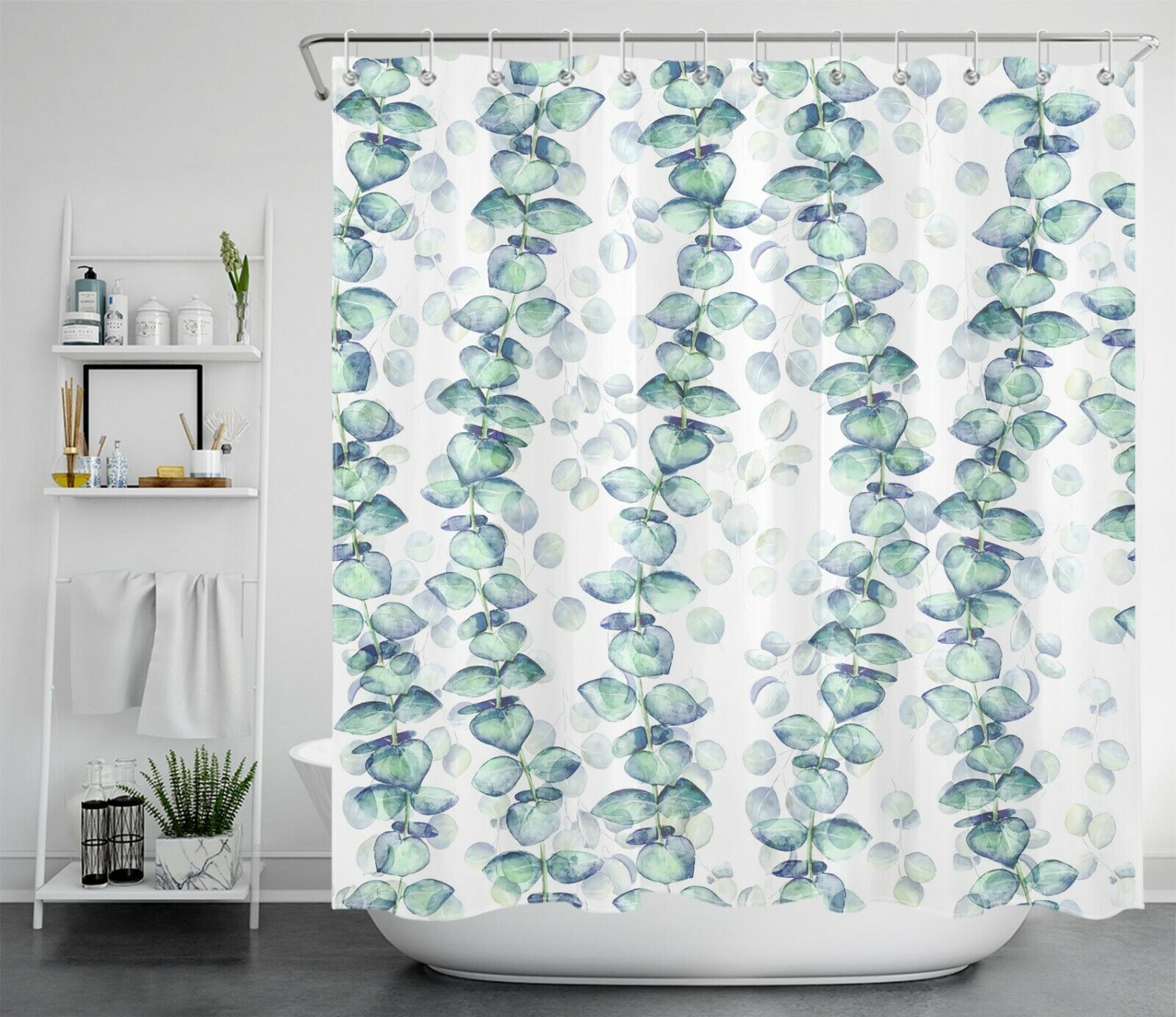 Sage Green Botanical Themed Eucalyptus Leaf Shower Curtain For Fresh Bathroom Decor